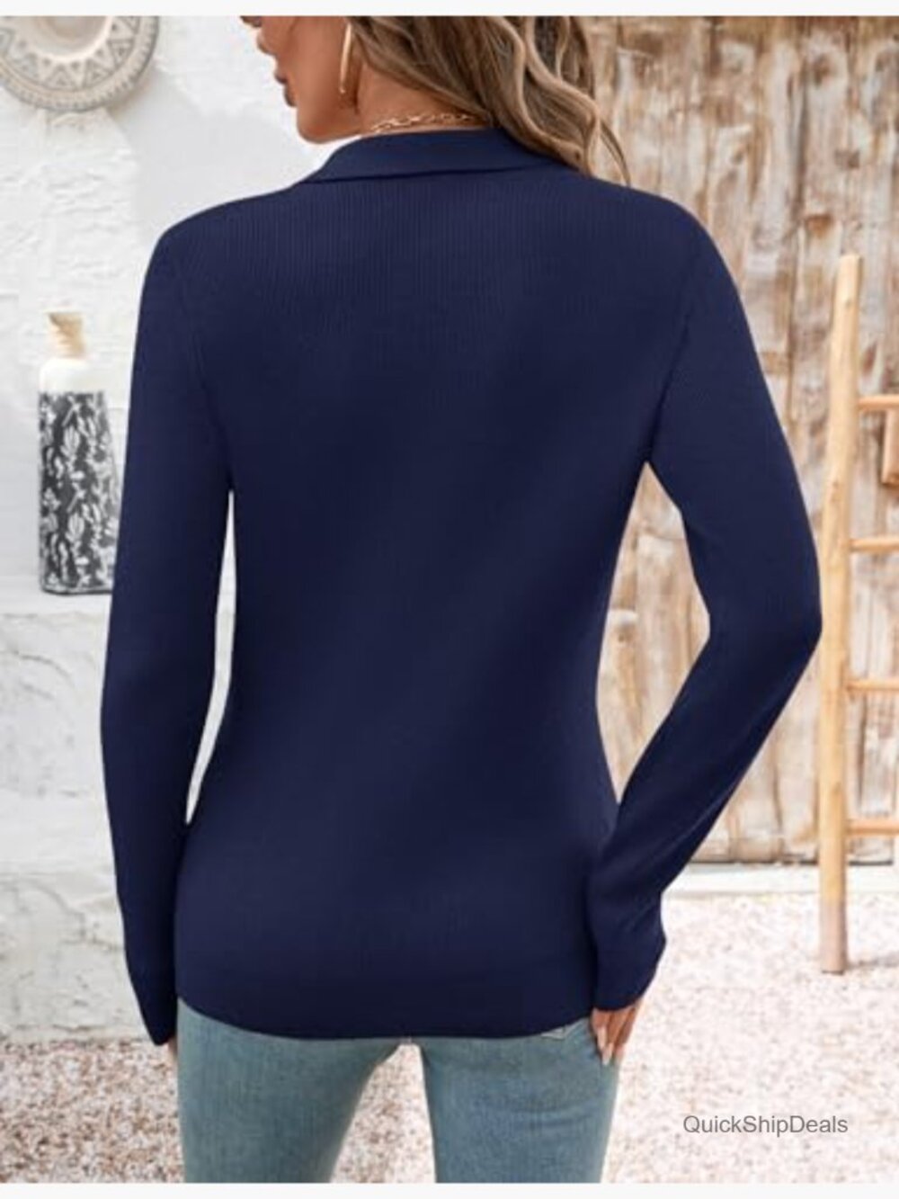 Women's Knitted V-Neck Polo Sweater Long Sleeve Winter Pullover - Picture 3 of 7